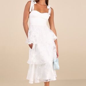 Lulus Drayson White Floral Burnout Tie-strap Tiered Midi Dress - Size L